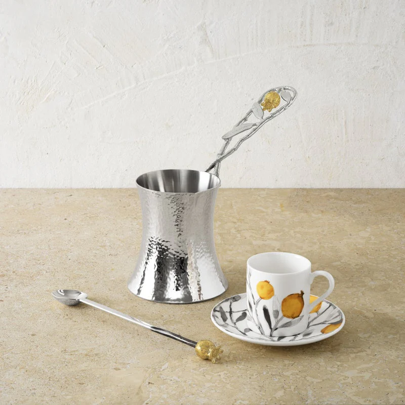 Pomegranate Silver & Gold Coffee Pot w/ Spoon