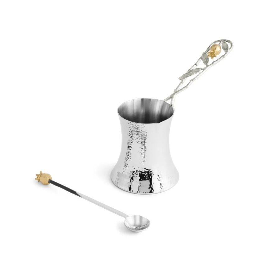 Pomegranate Silver & Gold Coffee Pot w/ Spoon