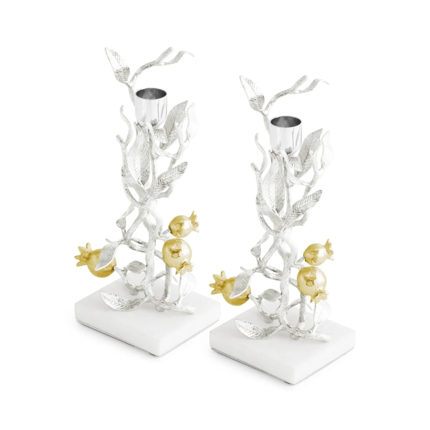 Pomegranate Silver & Gold Candleholders S/2