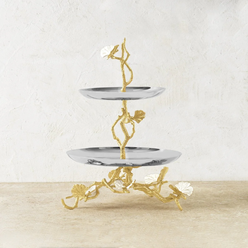Butterfly Ginkgo Gold Two Tier Etagere