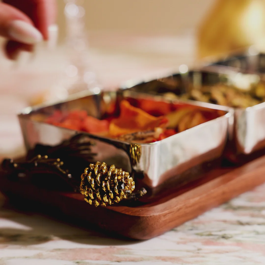 Pine Cone Wood Triple Bowl