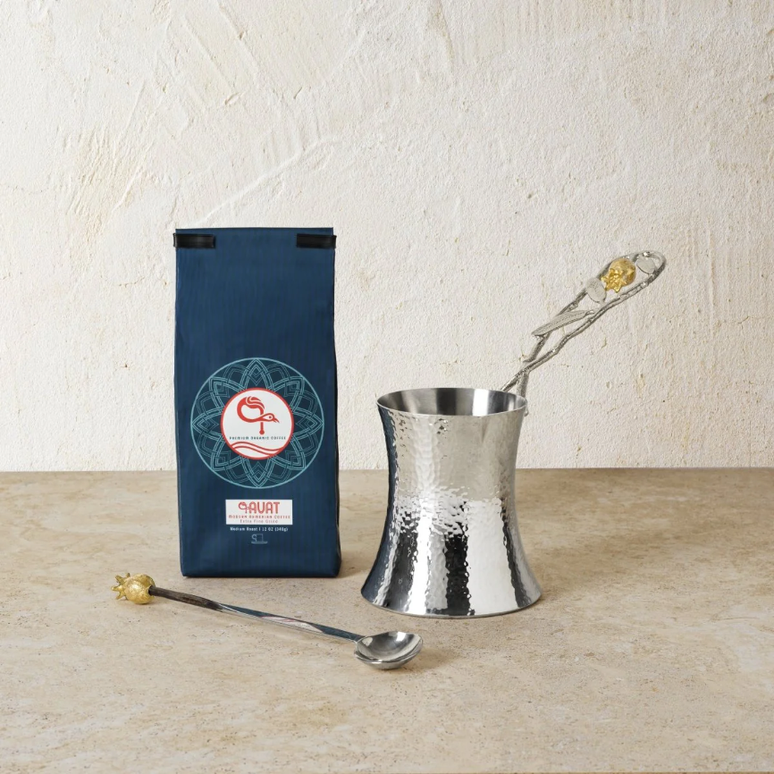 Pomegranate Silver & Gold Coffee Pot x Kavat Coffee Gift Set