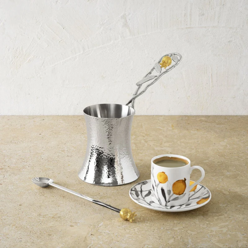 Pomegranate Silver & Gold Coffee Pot w/ Spoon