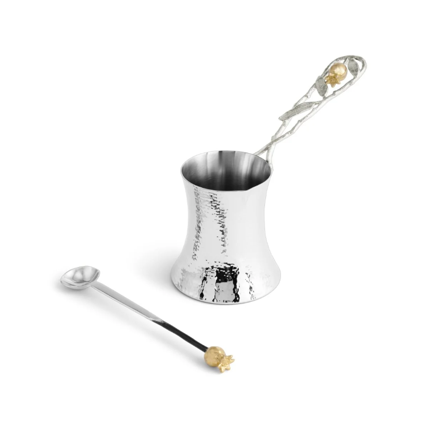 Pomegranate Silver & Gold Coffee Pot w/ Spoon