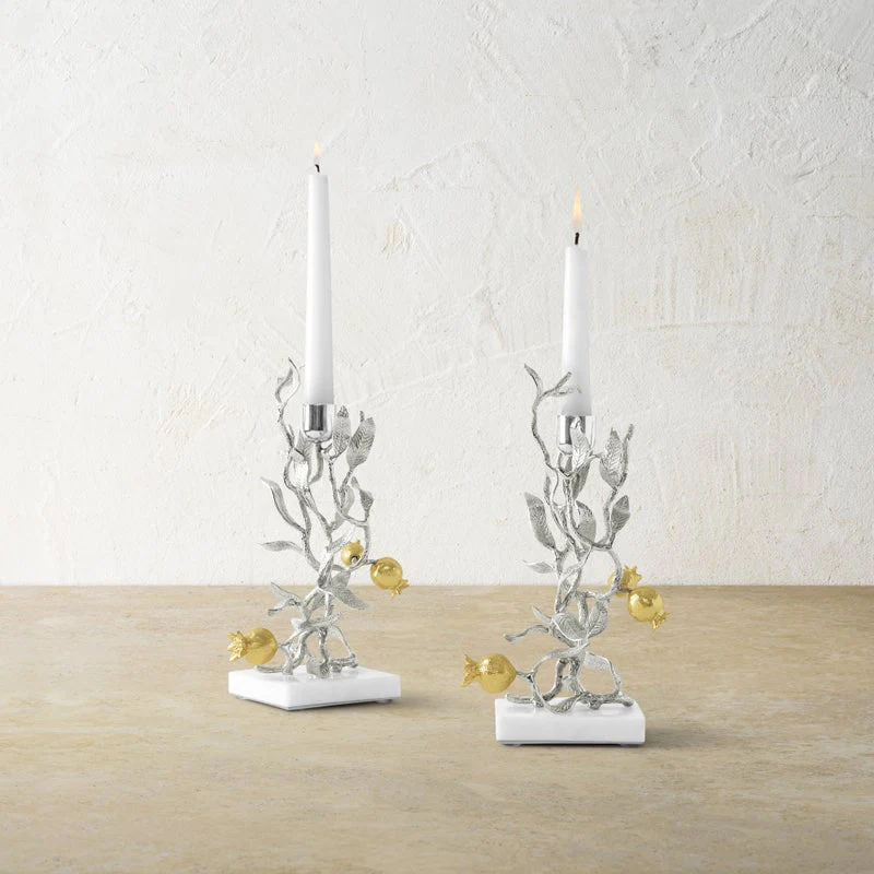 Pomegranate Silver & Gold Candleholders S/2